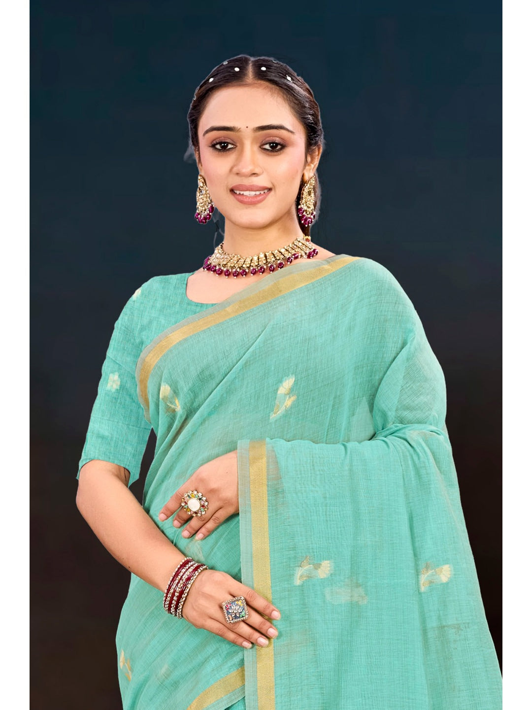 Peachmode Green Cotton Blend Varnika Cotton Saree - Image 3
