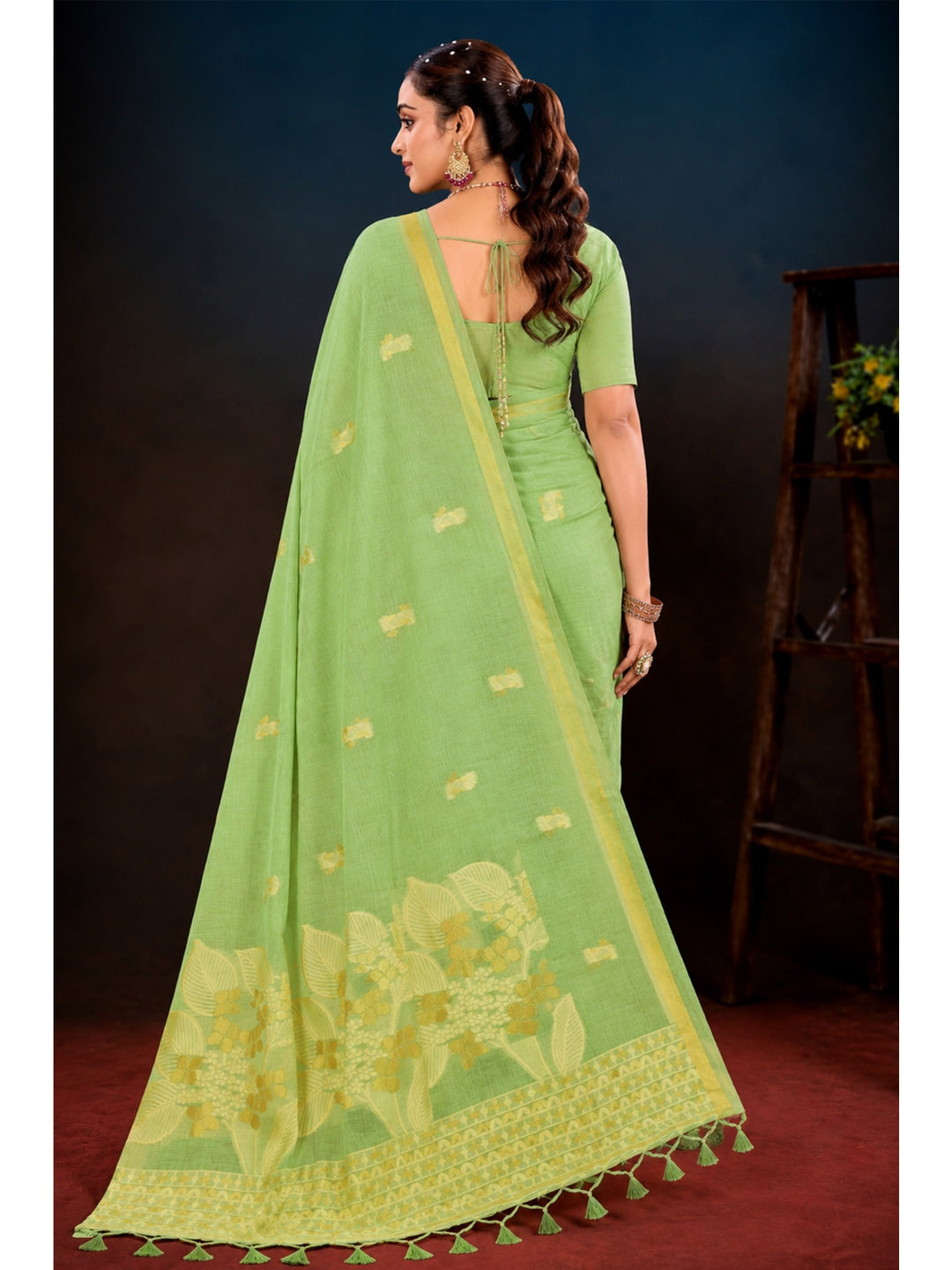 Peachmode Green Cotton Blend Varnika Cotton Saree - Image 5