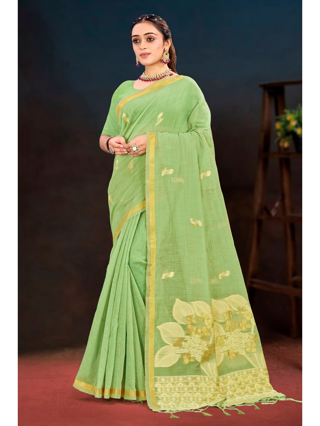 Peachmode Green Cotton Blend Varnika Cotton Saree - Image 1