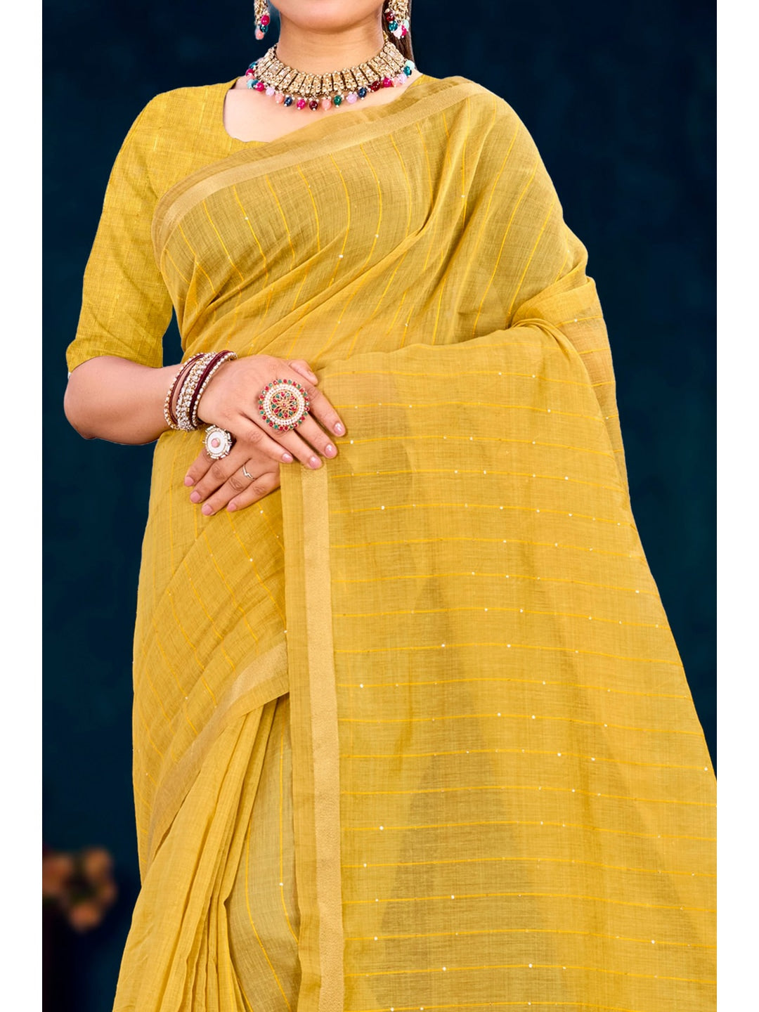 Peachmode Yellow Cotton Blend Varnika Cotton Saree - Image 4