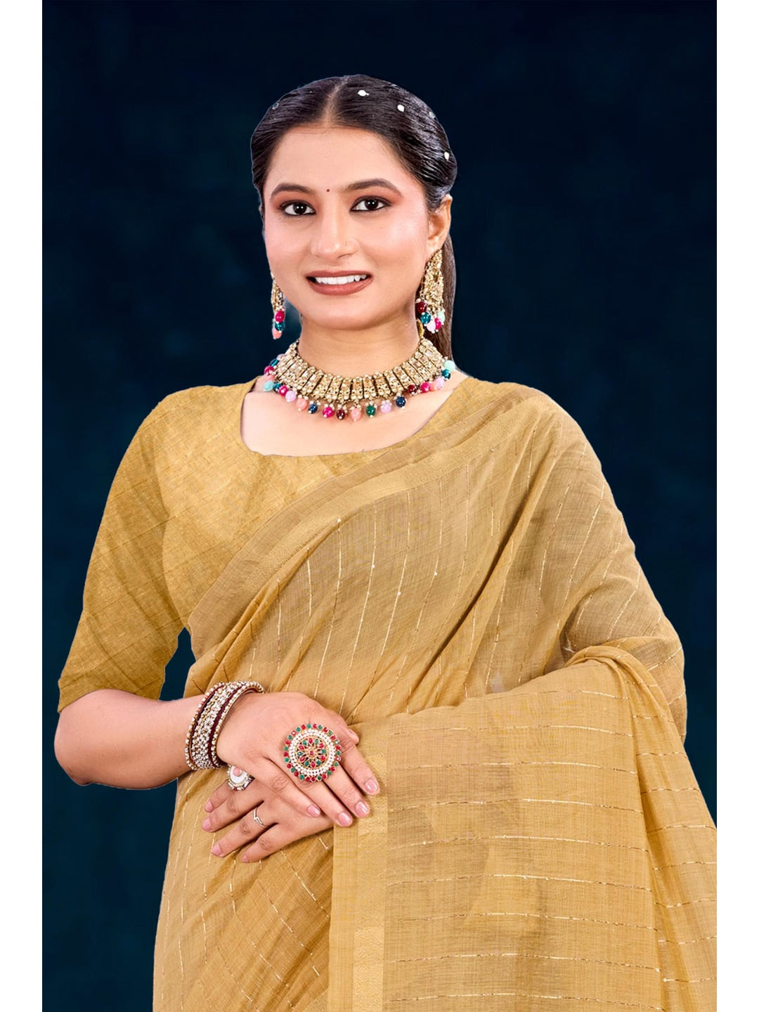 Peachmode Beige Cotton Blend Varnika Cotton Saree - Image 2