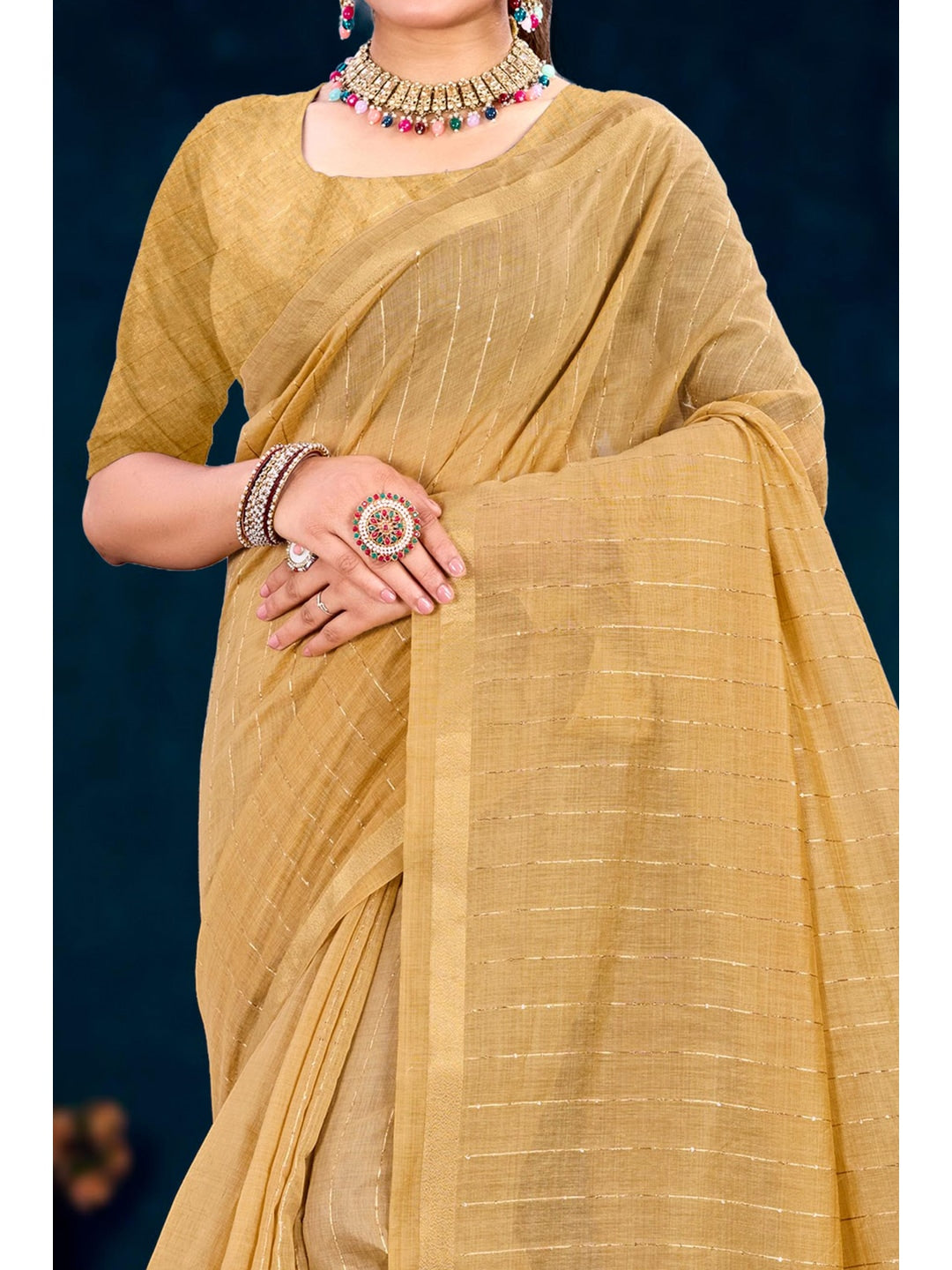 Peachmode Beige Cotton Blend Varnika Cotton Saree - Image 4
