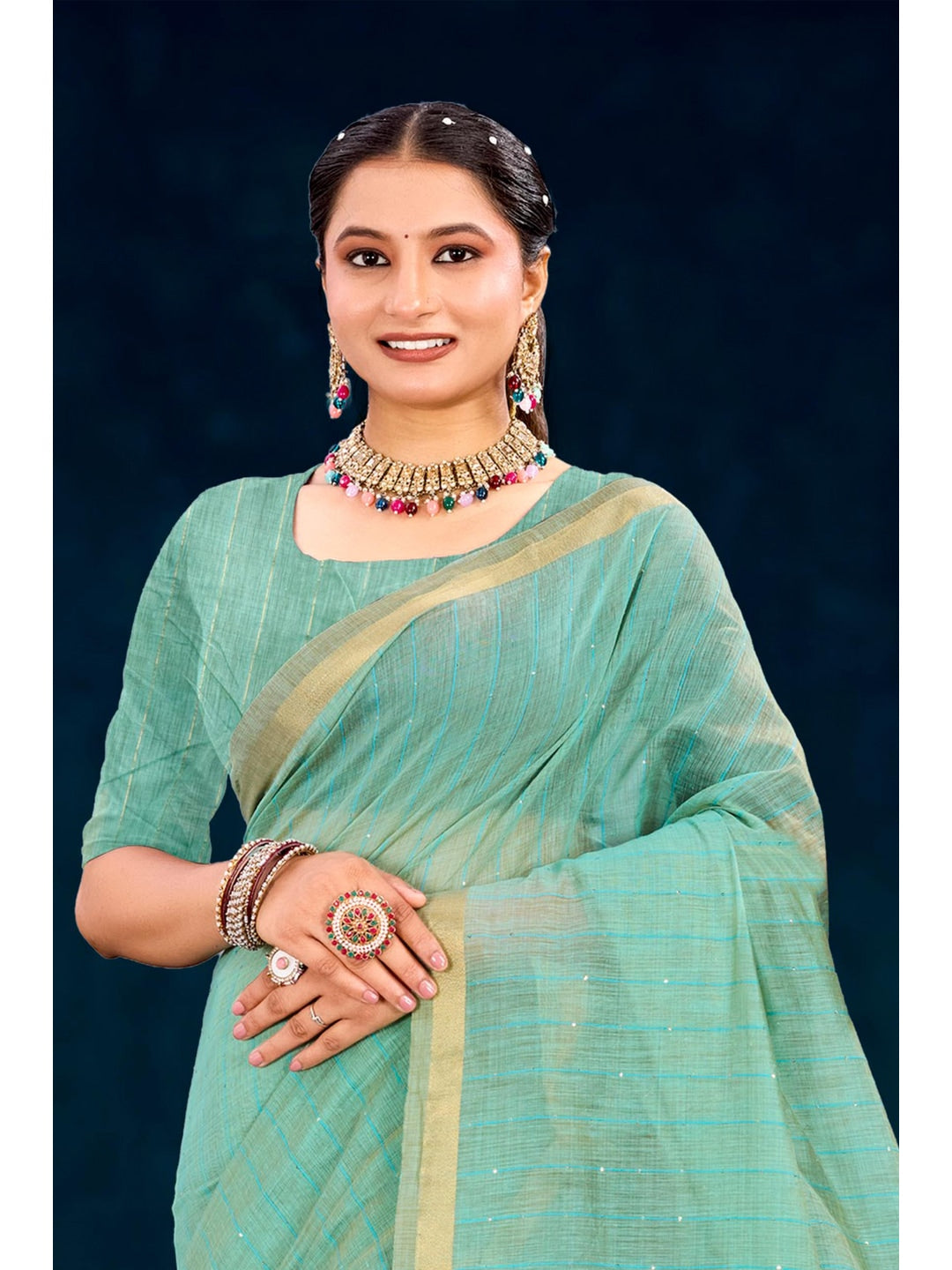Peachmode Green Cotton Blend Varnika Cotton Saree - Image 2