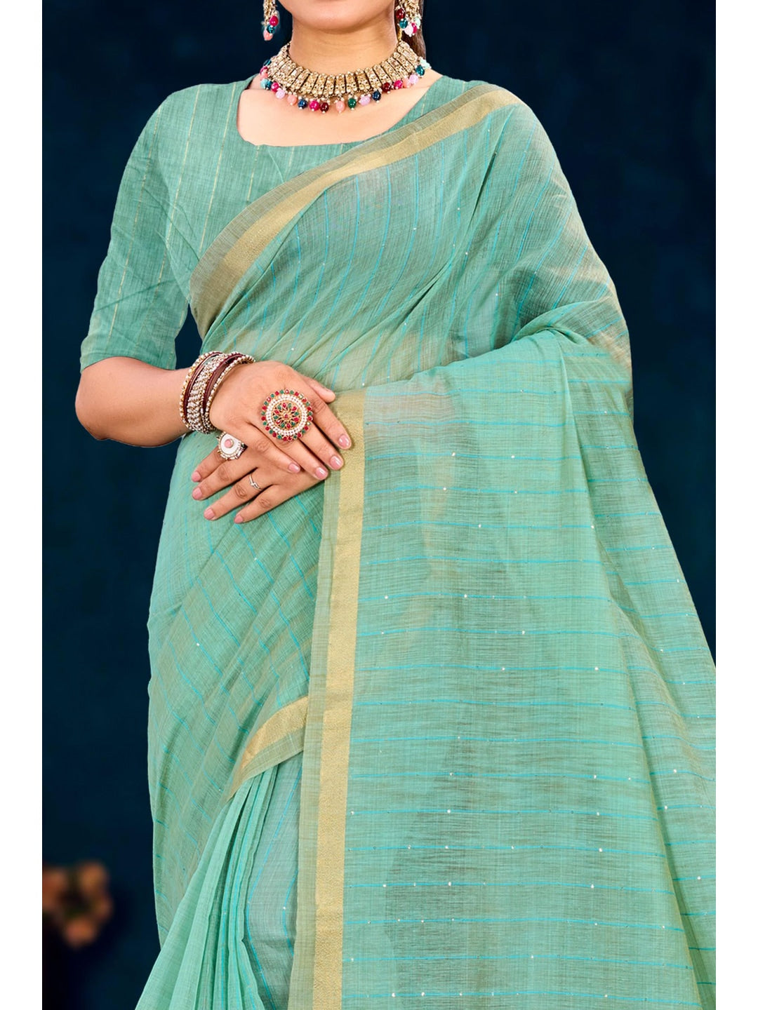 Peachmode Green Cotton Blend Varnika Cotton Saree - Image 4