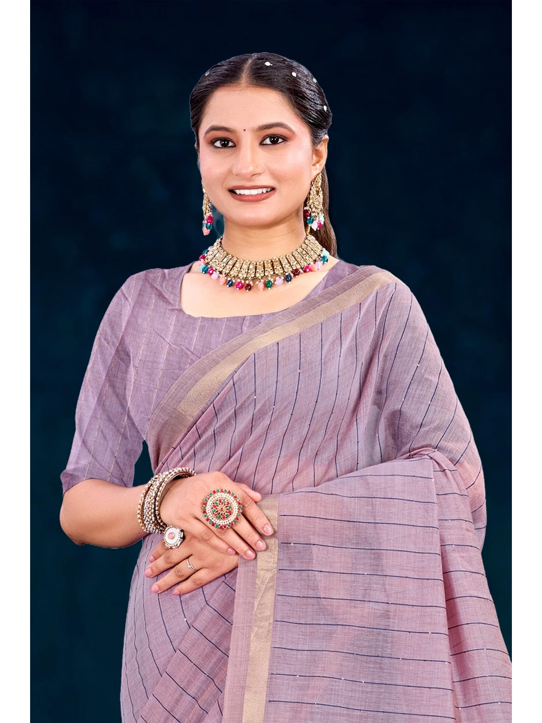Peachmode Purple Cotton Blend Varnika Cotton Saree - Image 2