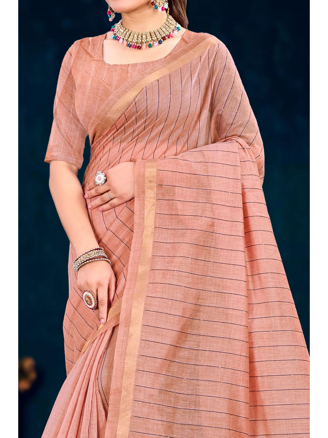 Peachmode Pink Cotton Blend Varnika Cotton Saree - Image 4
