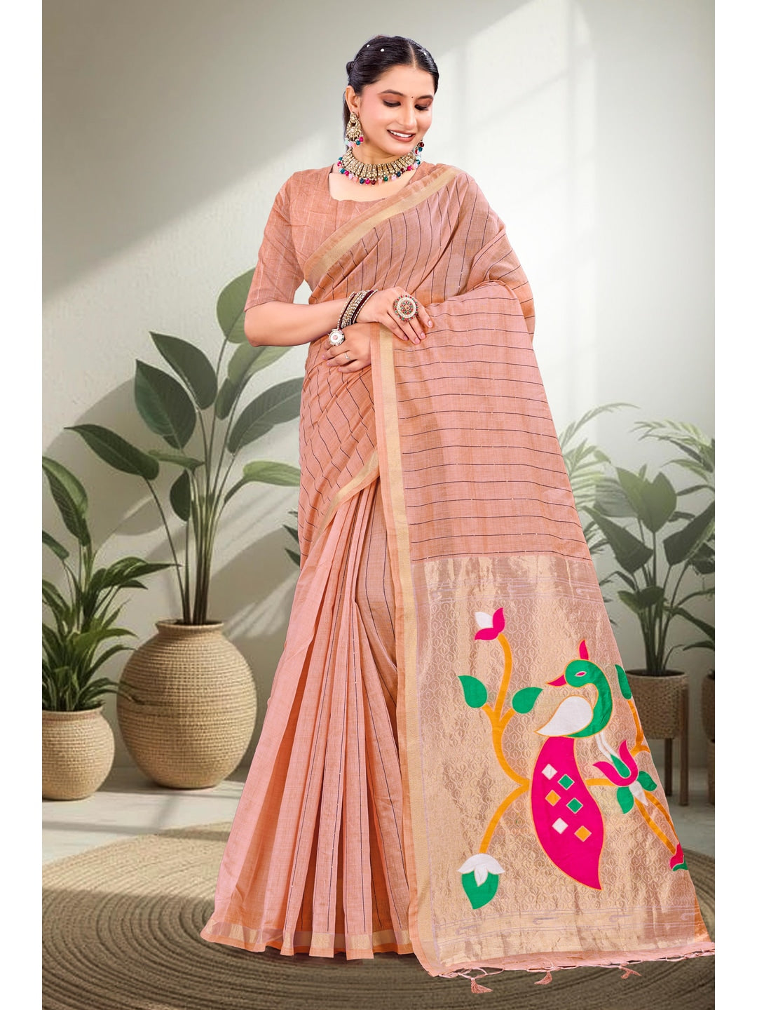 Peachmode Peach Cotton Blend Varnika Cotton new_3 Saree - Image 1