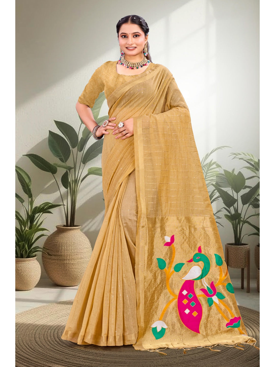Peachmode Yellow Cotton Blend Varnika Cotton new 3 Saree - Image 1