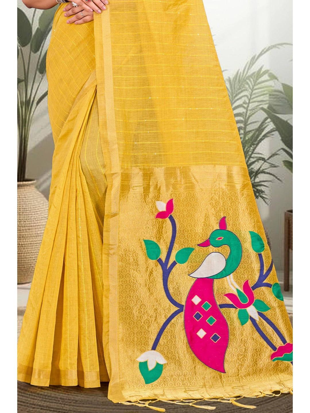 Peachmode Yellow Cotton Blend Varnika Cotton new_3 Saree - Image 3