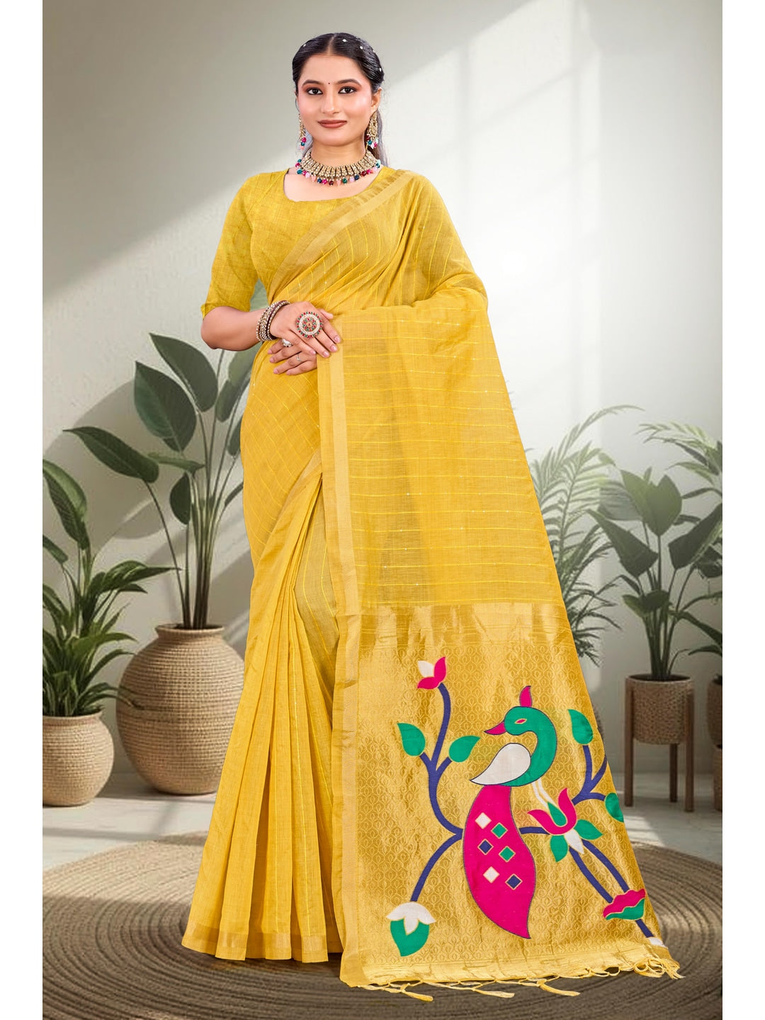 Peachmode Yellow Cotton Blend Varnika Cotton new_3 Saree - Image 1
