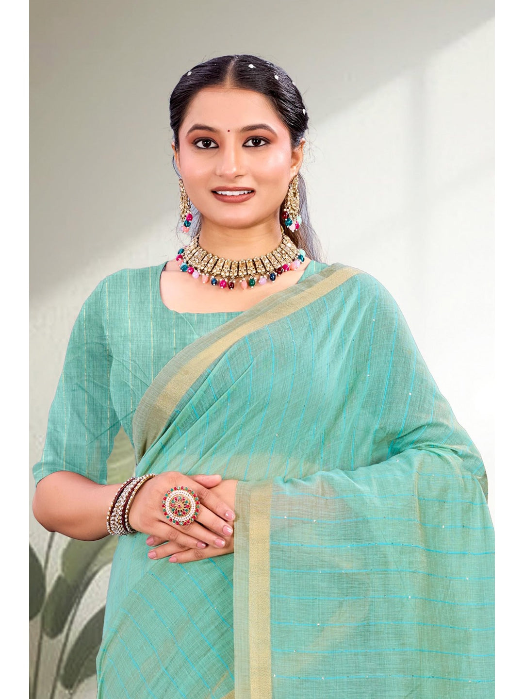 Peachmode Aqua Blue Cotton Blend Varnika Cotton new_3 Saree - Image 2