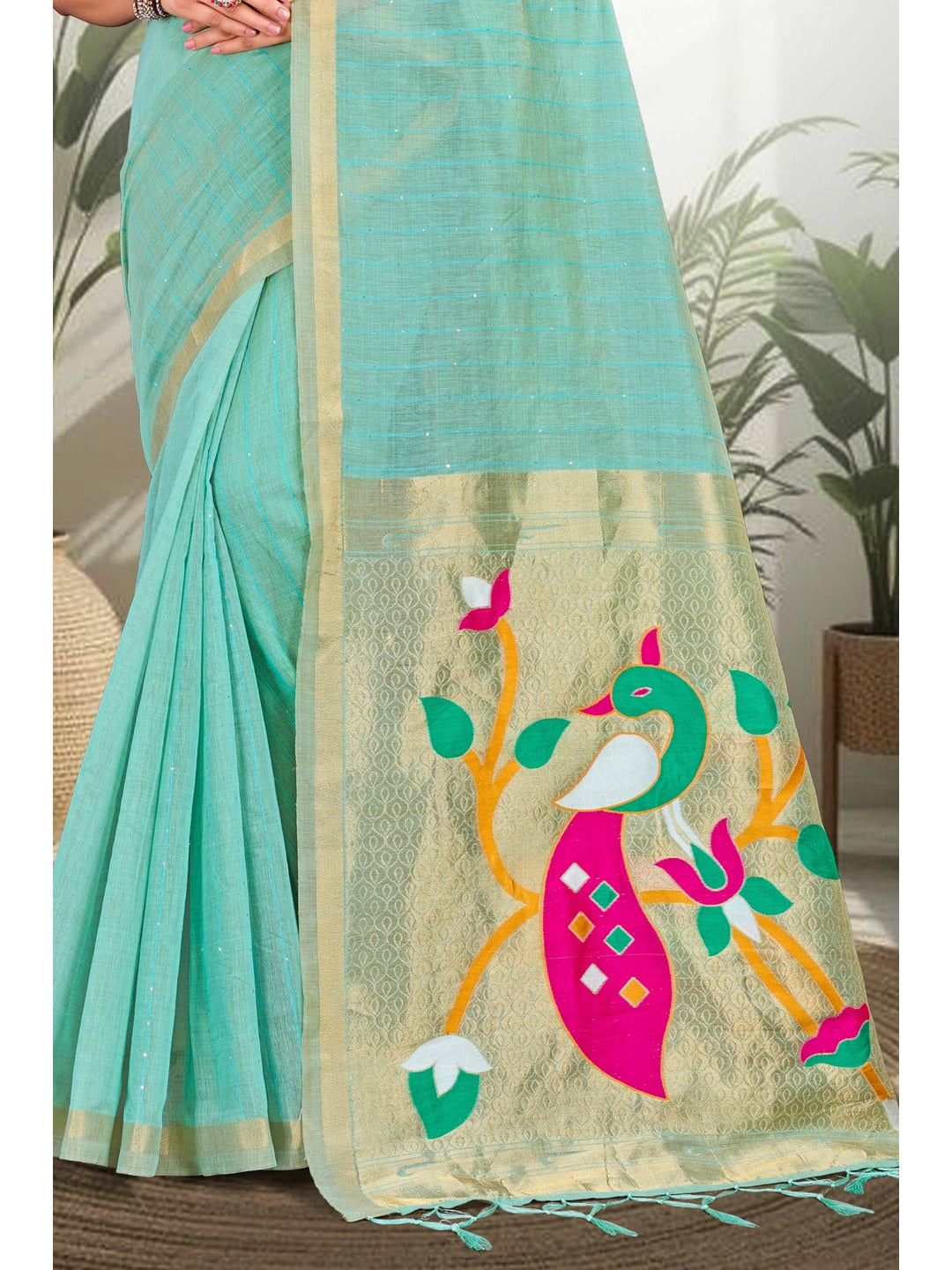 Peachmode Aqua Blue Cotton Blend Varnika Cotton new_3 Saree - Image 3