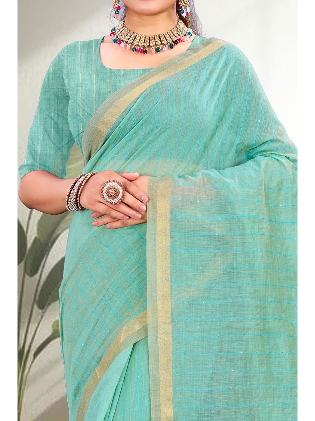 Peachmode Aqua Blue Cotton Blend Varnika Cotton new_3 Saree - Image 4
