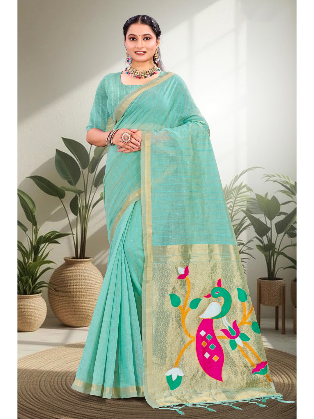 Peachmode Aqua Blue Cotton Blend Varnika Cotton new_3 Saree - Image 1