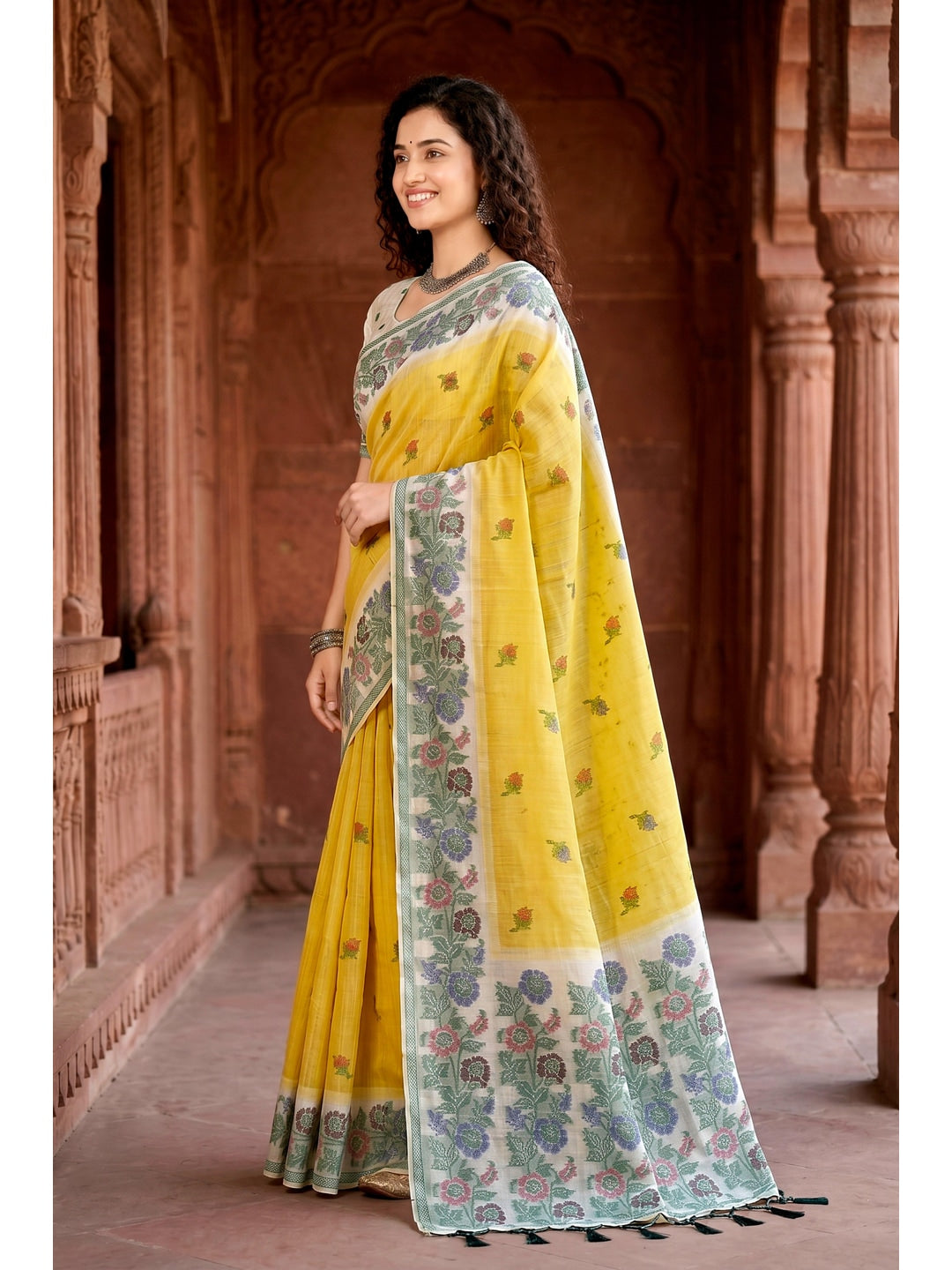 Peachmode Yellow Cotton Blend Vasundhara Saree - Image 3