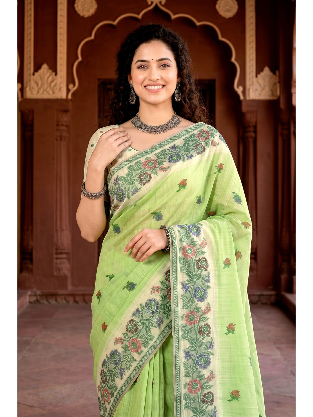 Peachmode Green Cotton Blend Vasundhara Saree - Image 2