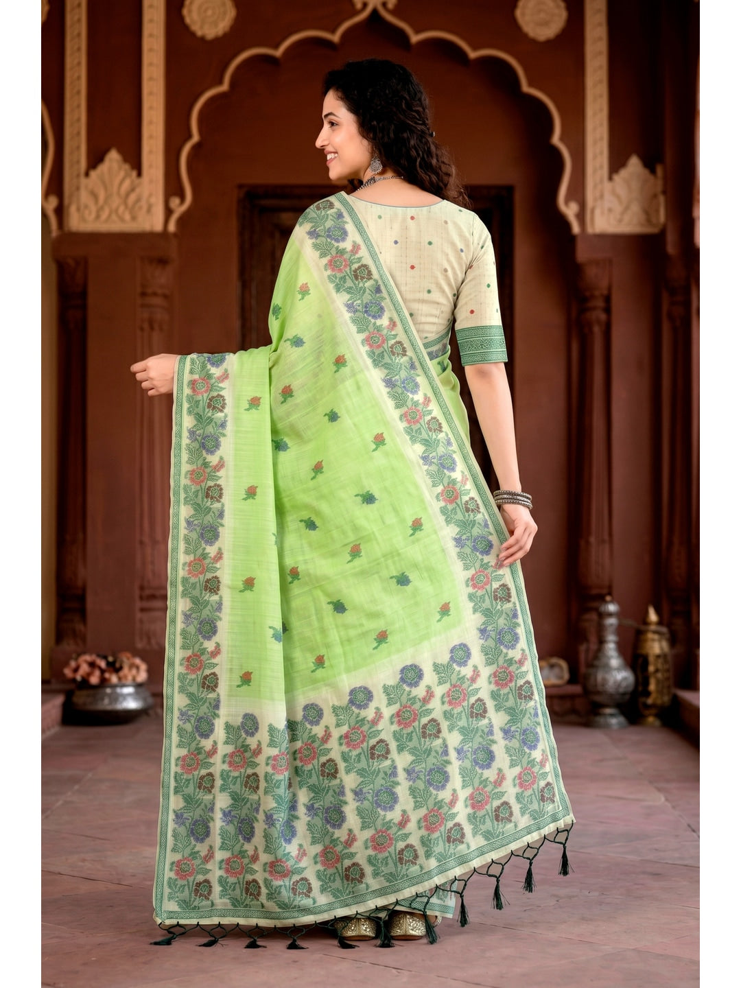 Peachmode Green Cotton Blend Vasundhara Saree - Image 4