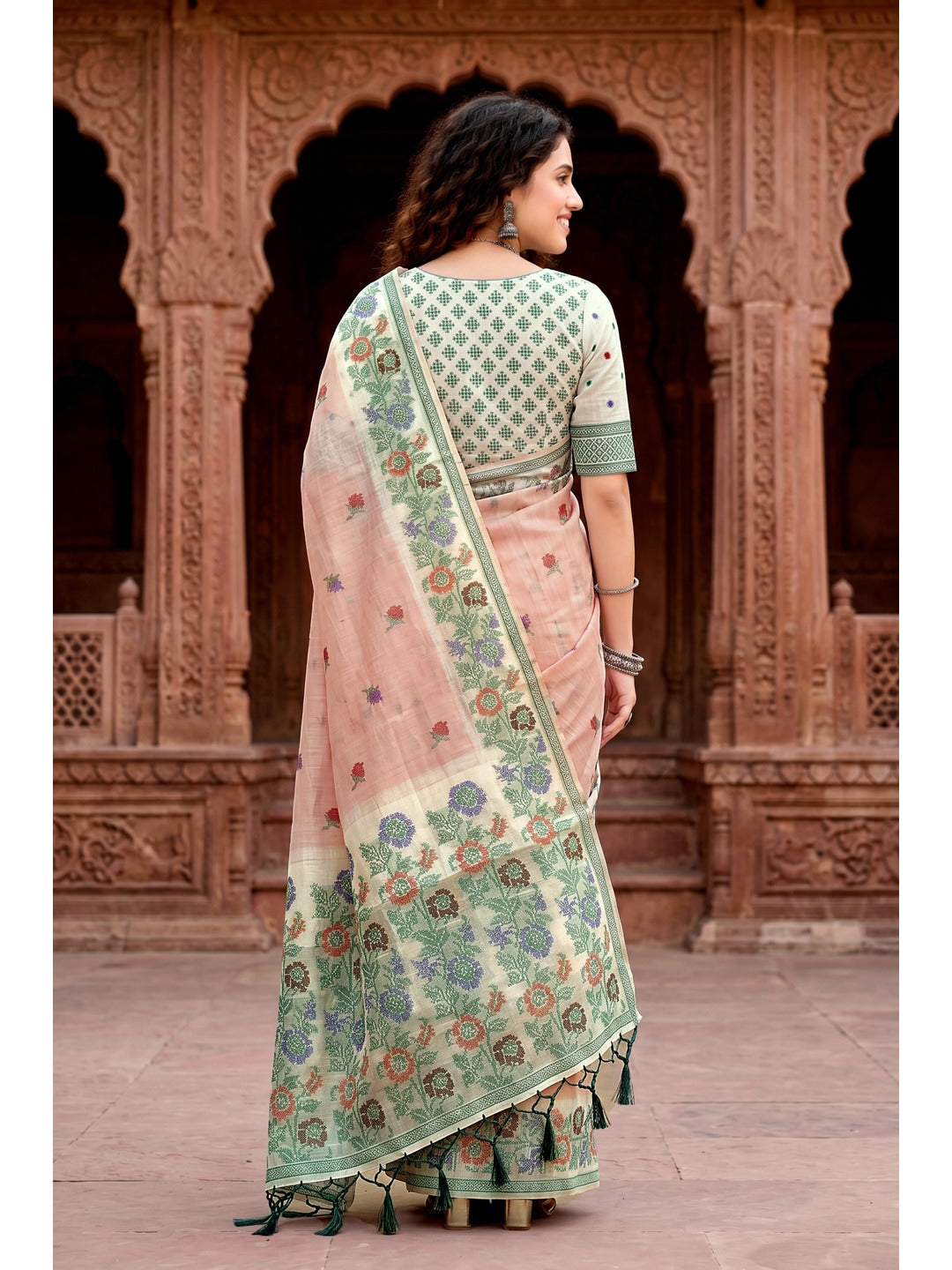 Peachmode Peach Cotton Blend Vasundhara Saree - Image 4