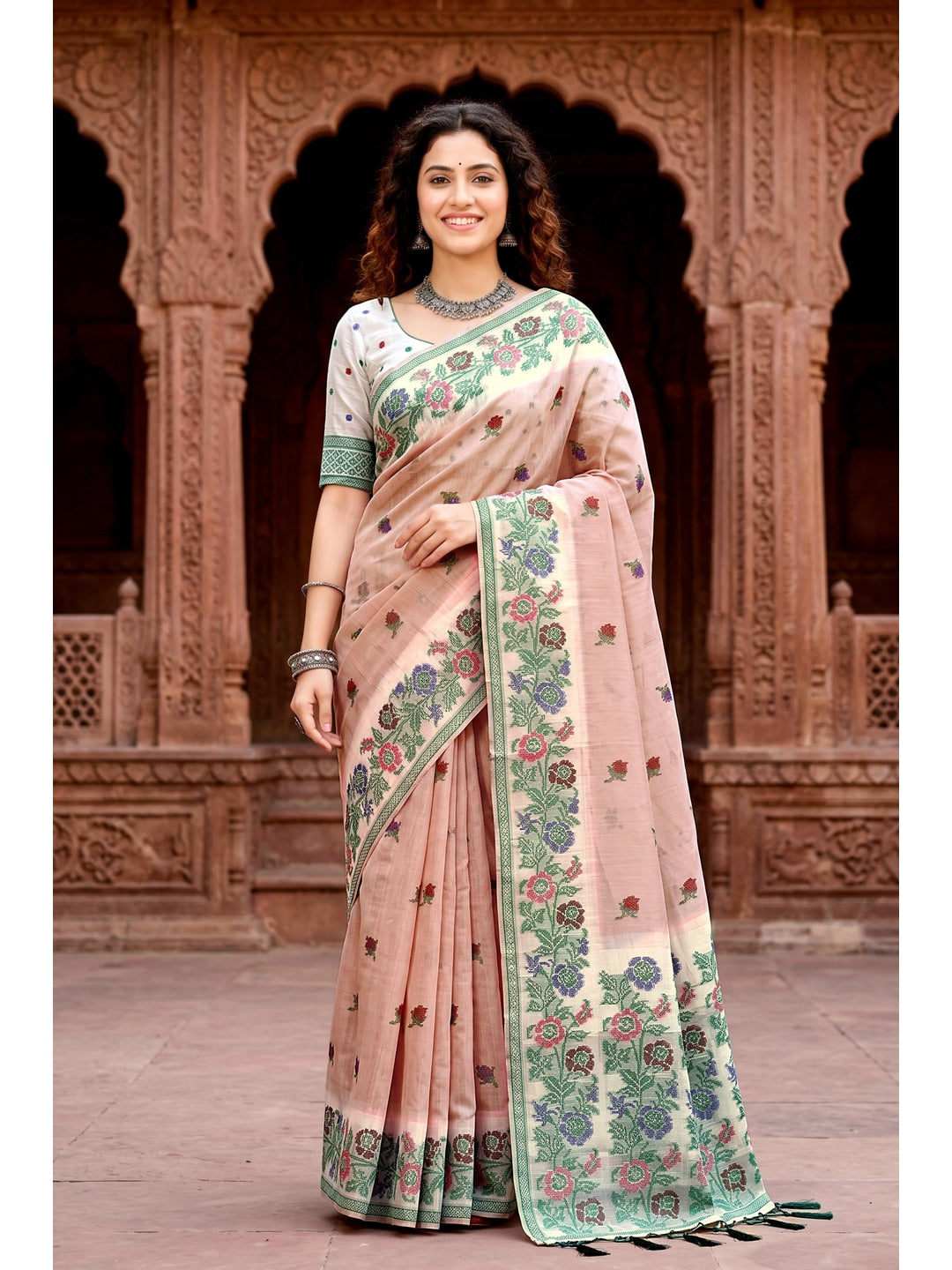 Peachmode Peach Cotton Blend Vasundhara Saree - Image 1