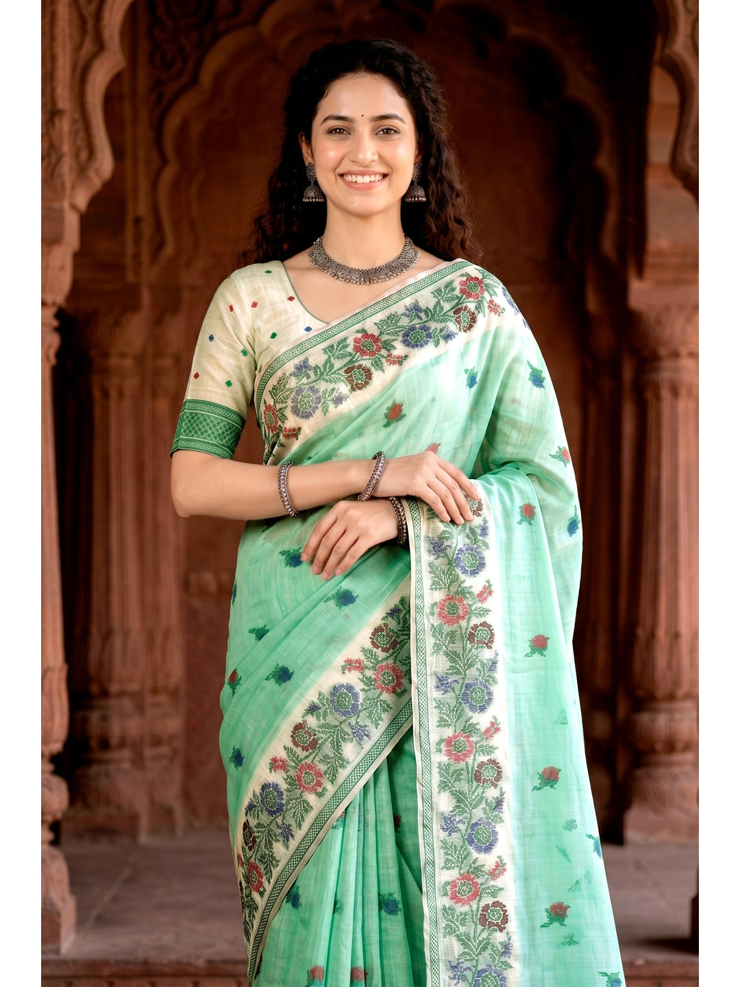 Peachmode Green Cotton Blend Vasundhara Saree - Image 2