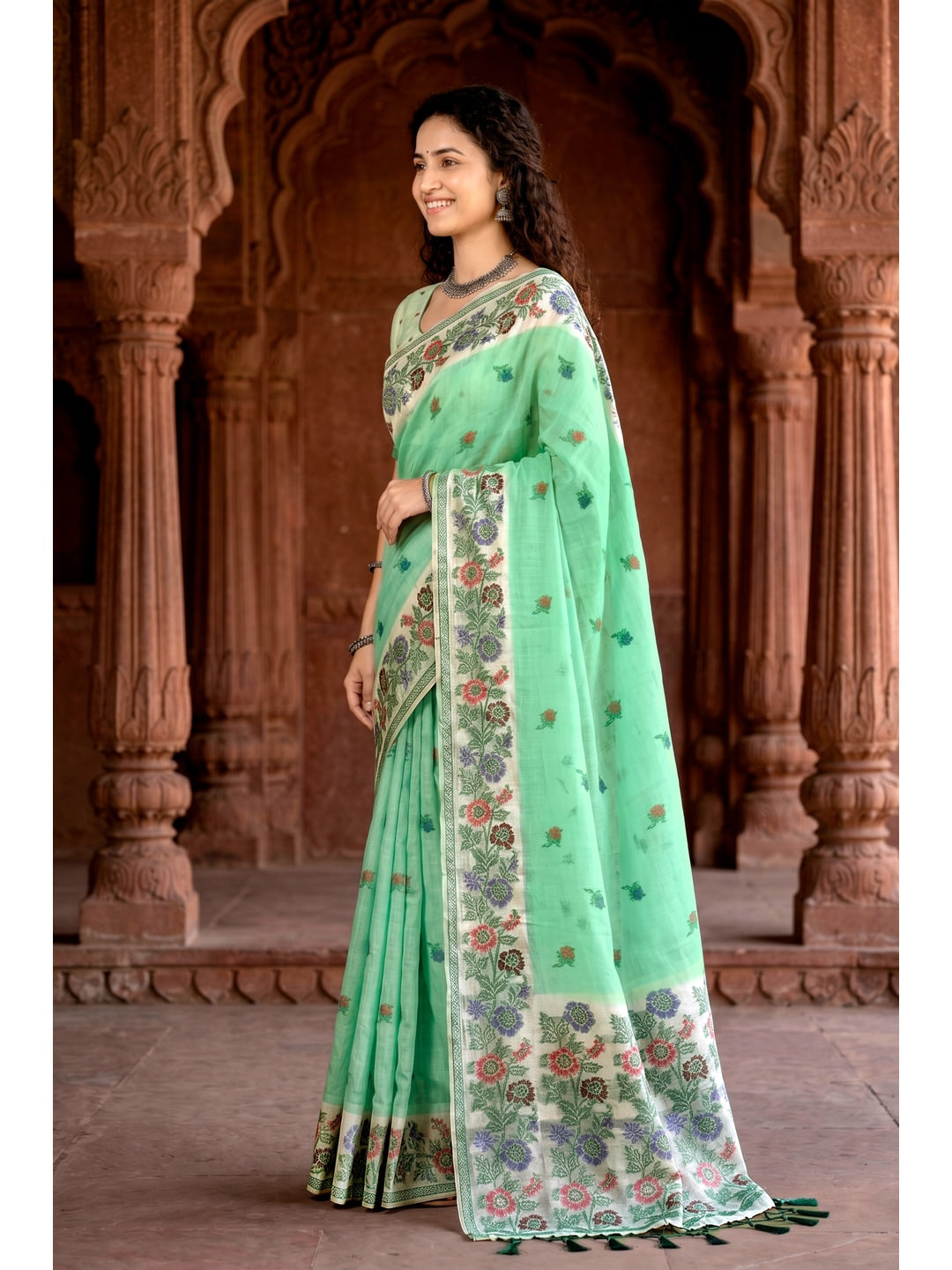 Peachmode Green Cotton Blend Vasundhara Saree - Image 3
