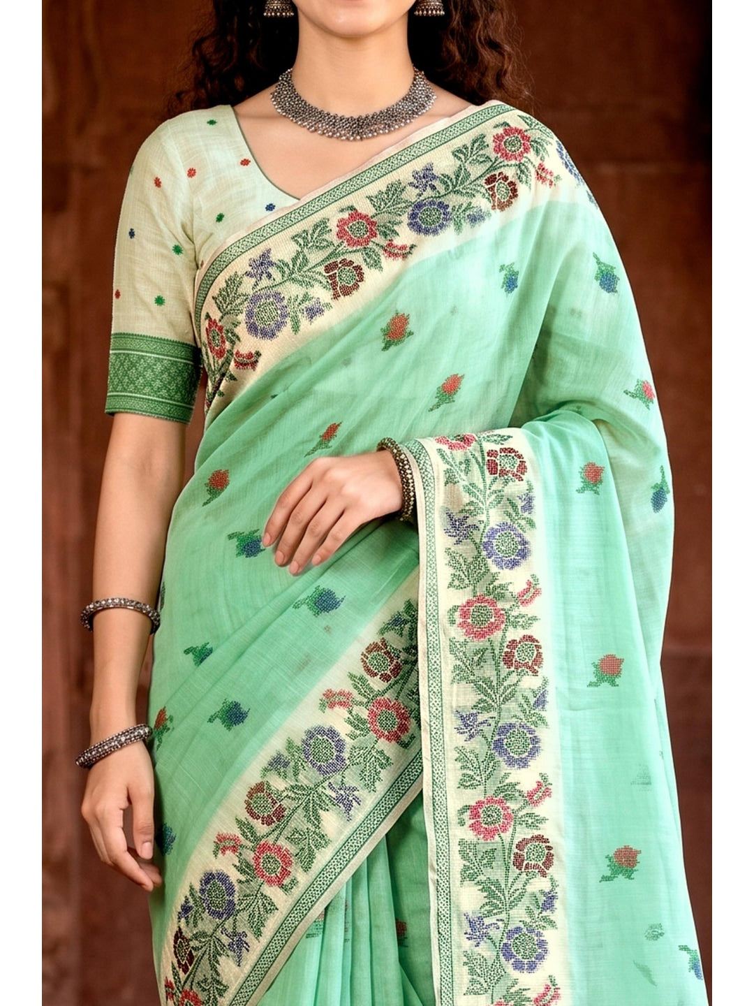 Peachmode Green Cotton Blend Vasundhara Saree - Image 5