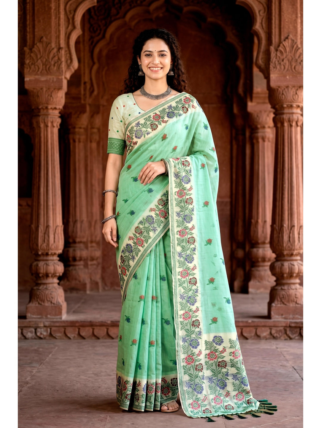 Peachmode Green Cotton Blend Vasundhara Saree - Image 1