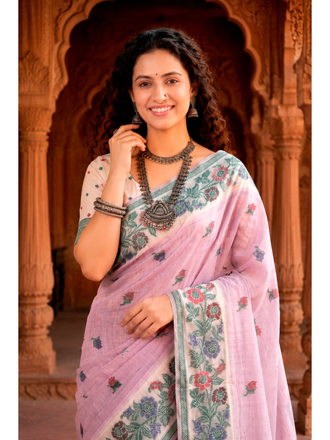 Peachmode Lavender Cotton Blend Vasundhara Saree - Image 2