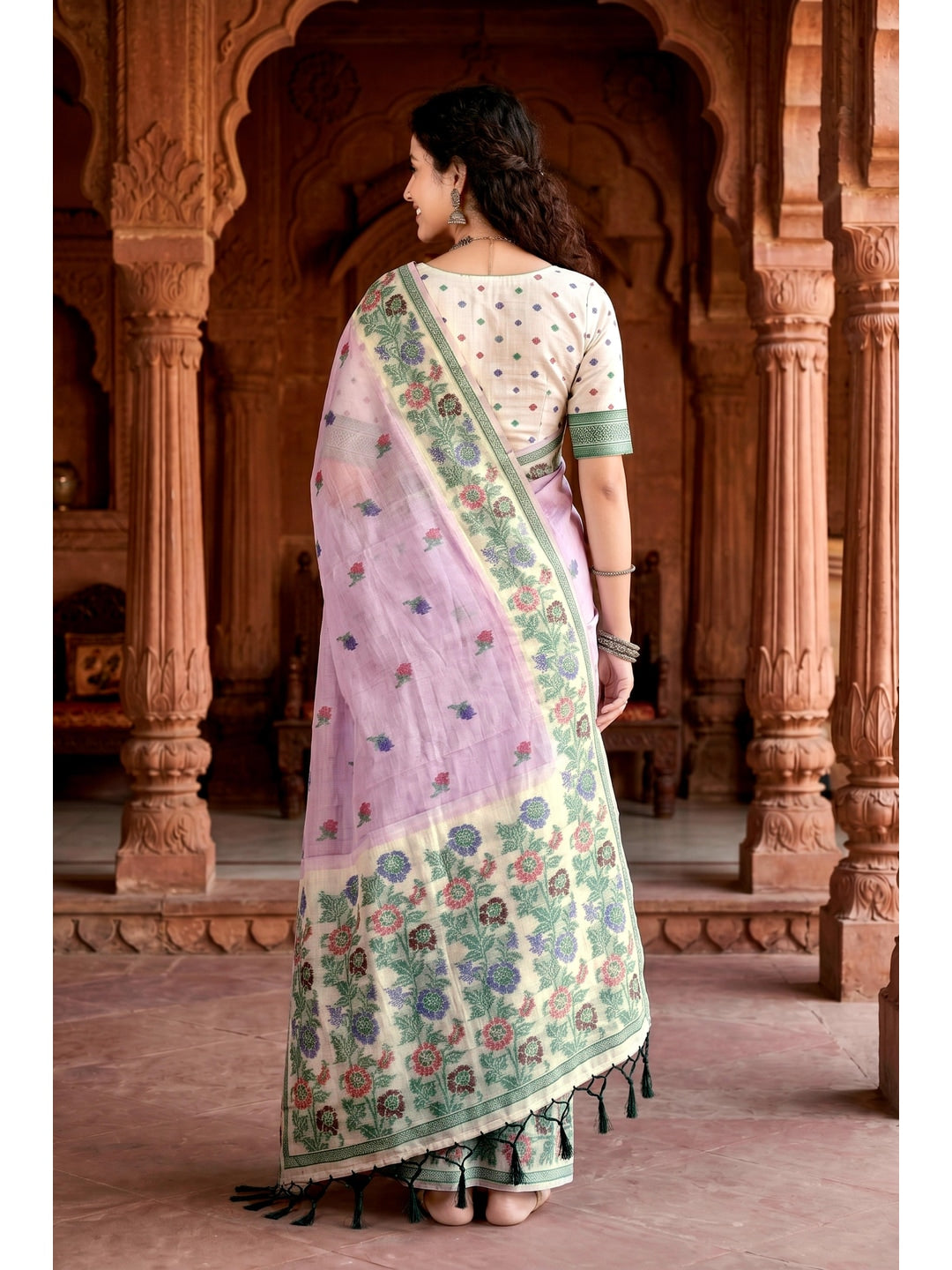 Peachmode Lavender Cotton Blend Vasundhara Saree - Image 4