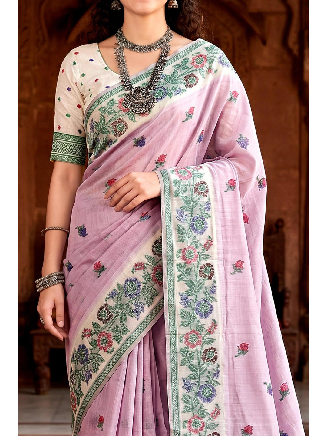 Peachmode Lavender Cotton Blend Vasundhara Saree - Image 5