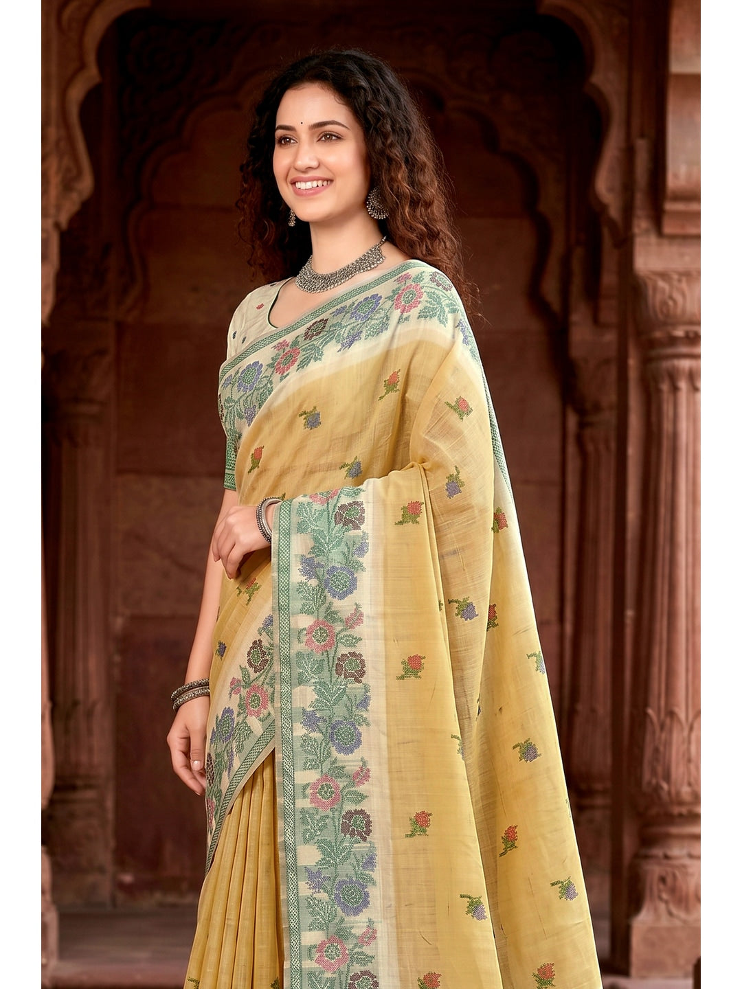Peachmode Yellow Cotton Blend Vasundhara Saree - Image 2