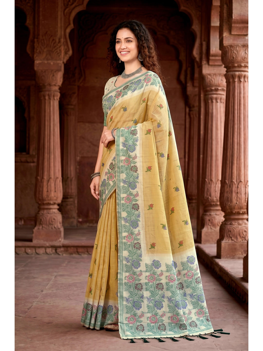Peachmode Yellow Cotton Blend Vasundhara Saree - Image 3
