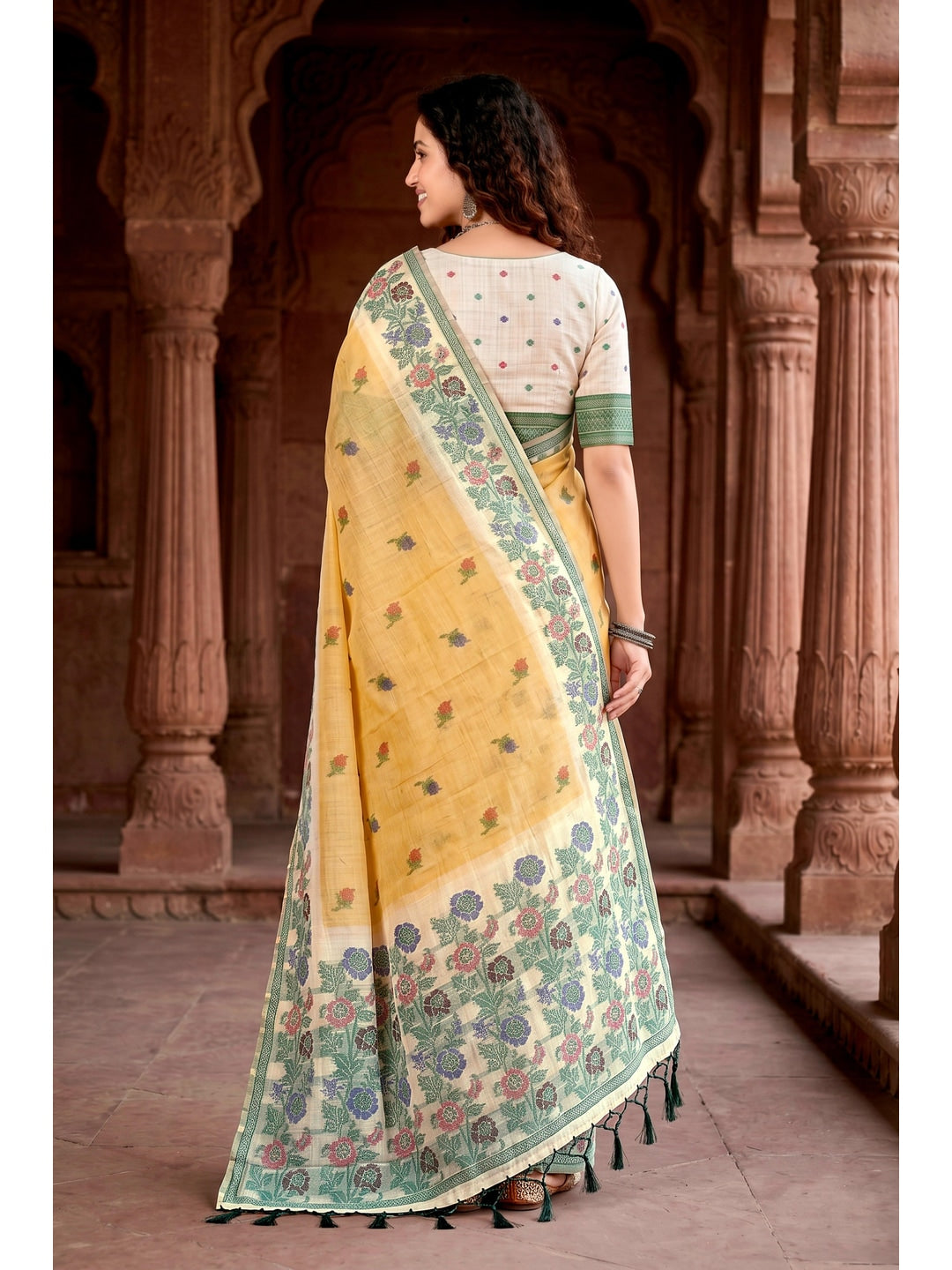Peachmode Yellow Cotton Blend Vasundhara Saree - Image 4