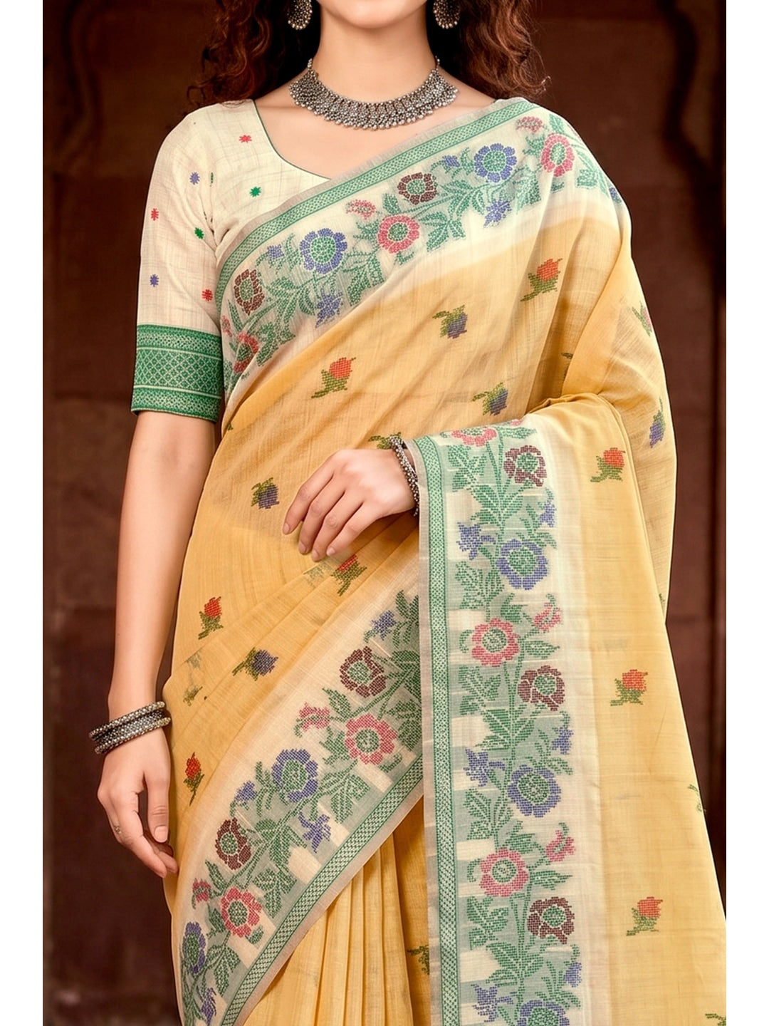 Peachmode Yellow Cotton Blend Vasundhara Saree - Image 5
