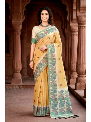 Peachmode Yellow Cotton Blend Vasundhara Saree - Image 1