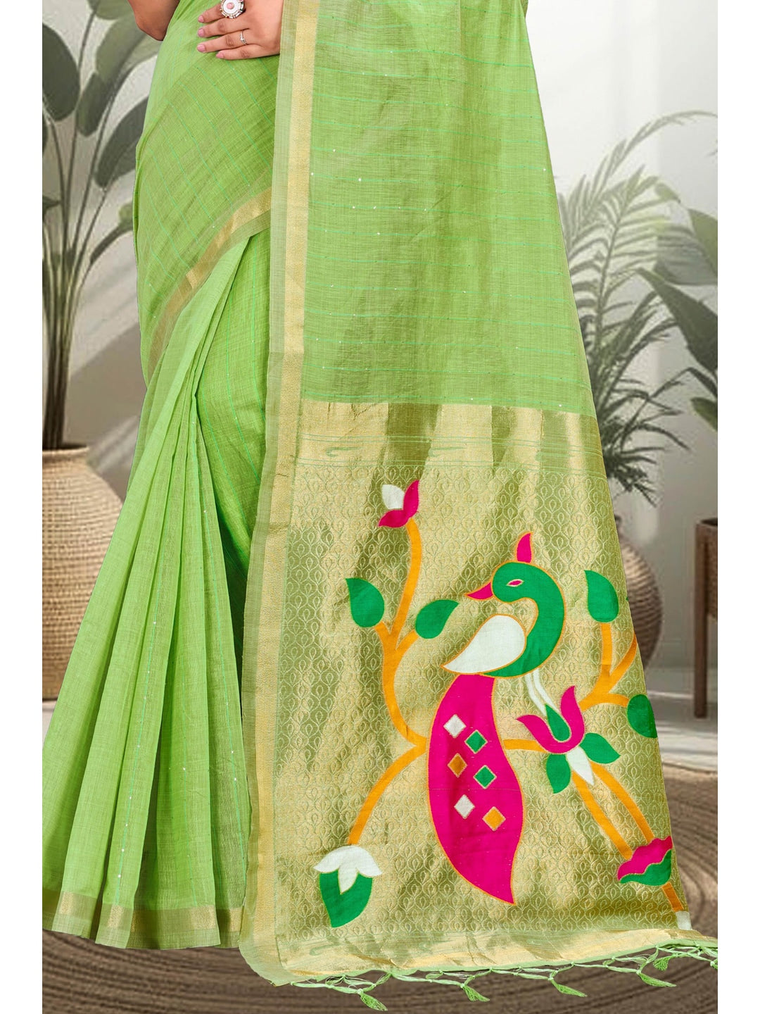 Peachmode Green Cotton Blend Varnika Cotton new_3 Saree - Image 3