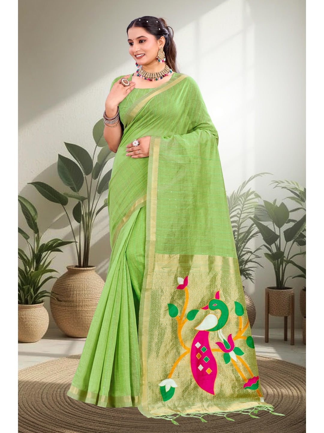 Peachmode Green Cotton Blend Varnika Cotton new_3 Saree - Image 1