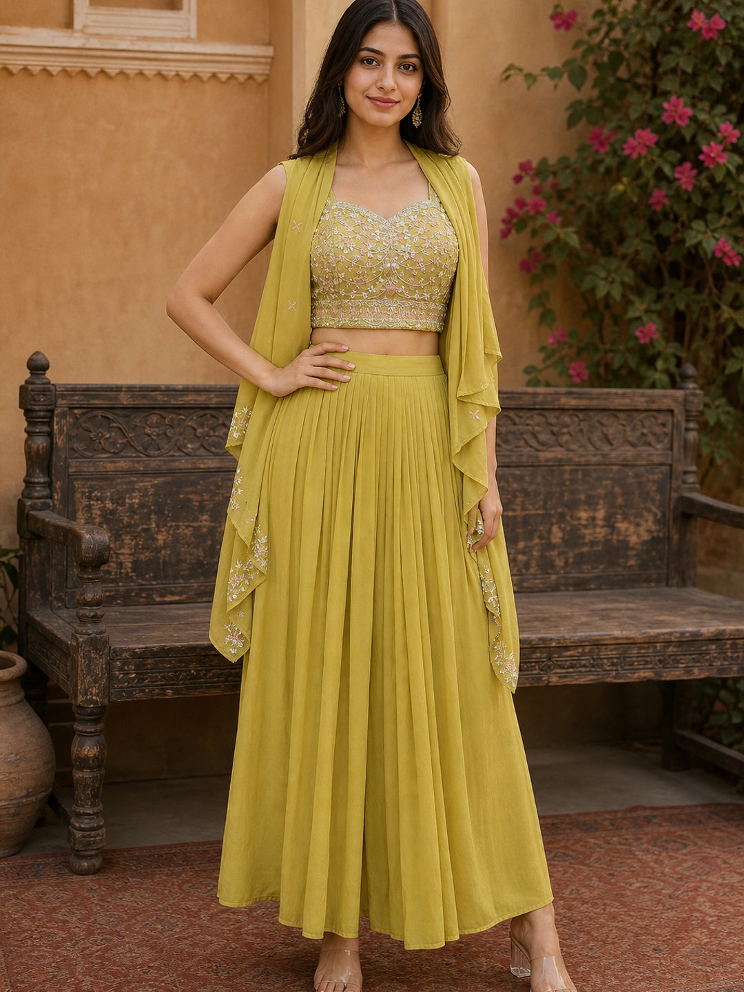 Chic Yellow Co-Ord Set Featuring Embroidered Top, Stylish Jacket, and Coordinated Skirt - Image 1