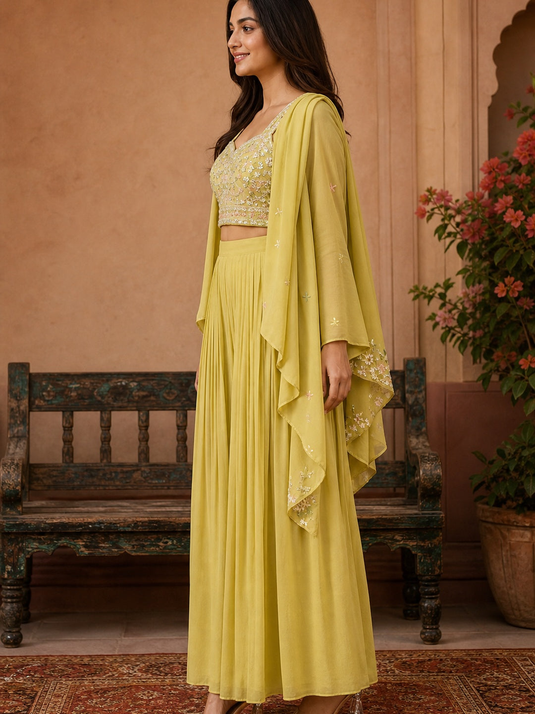 Chic Yellow Co-Ord Set Featuring Embroidered Top, Stylish Jacket, and Coordinated Skirt - Image 2