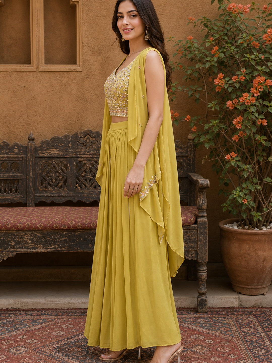 Chic Yellow Co-Ord Set Featuring Embroidered Top, Stylish Jacket, and Coordinated Skirt - Image 3