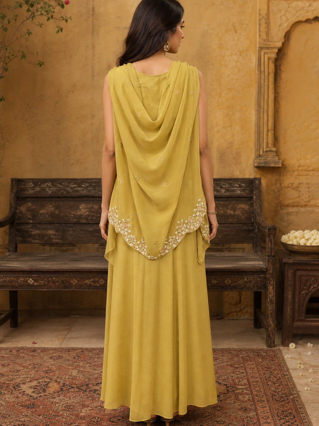 Chic Yellow Co-Ord Set Featuring Embroidered Top, Stylish Jacket, and Coordinated Skirt - Image 4