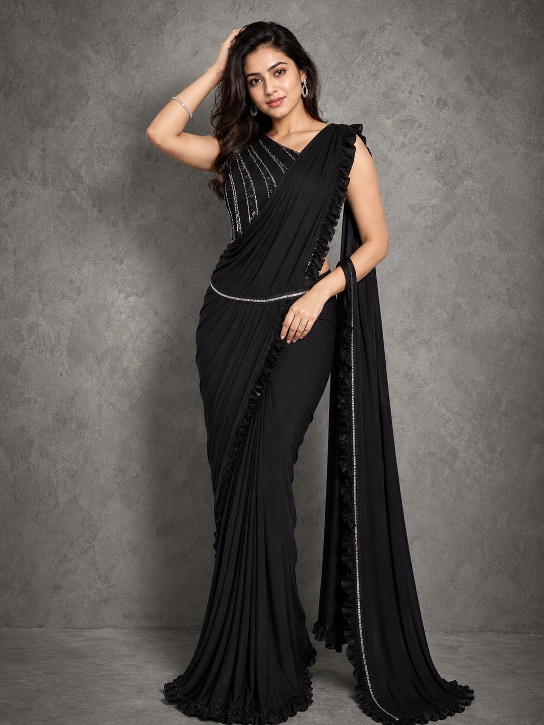 Gorgeous Black Ready-to-Wear Partywear Saree in Imported Lycra Fabric for Effortless Glam - Image 1