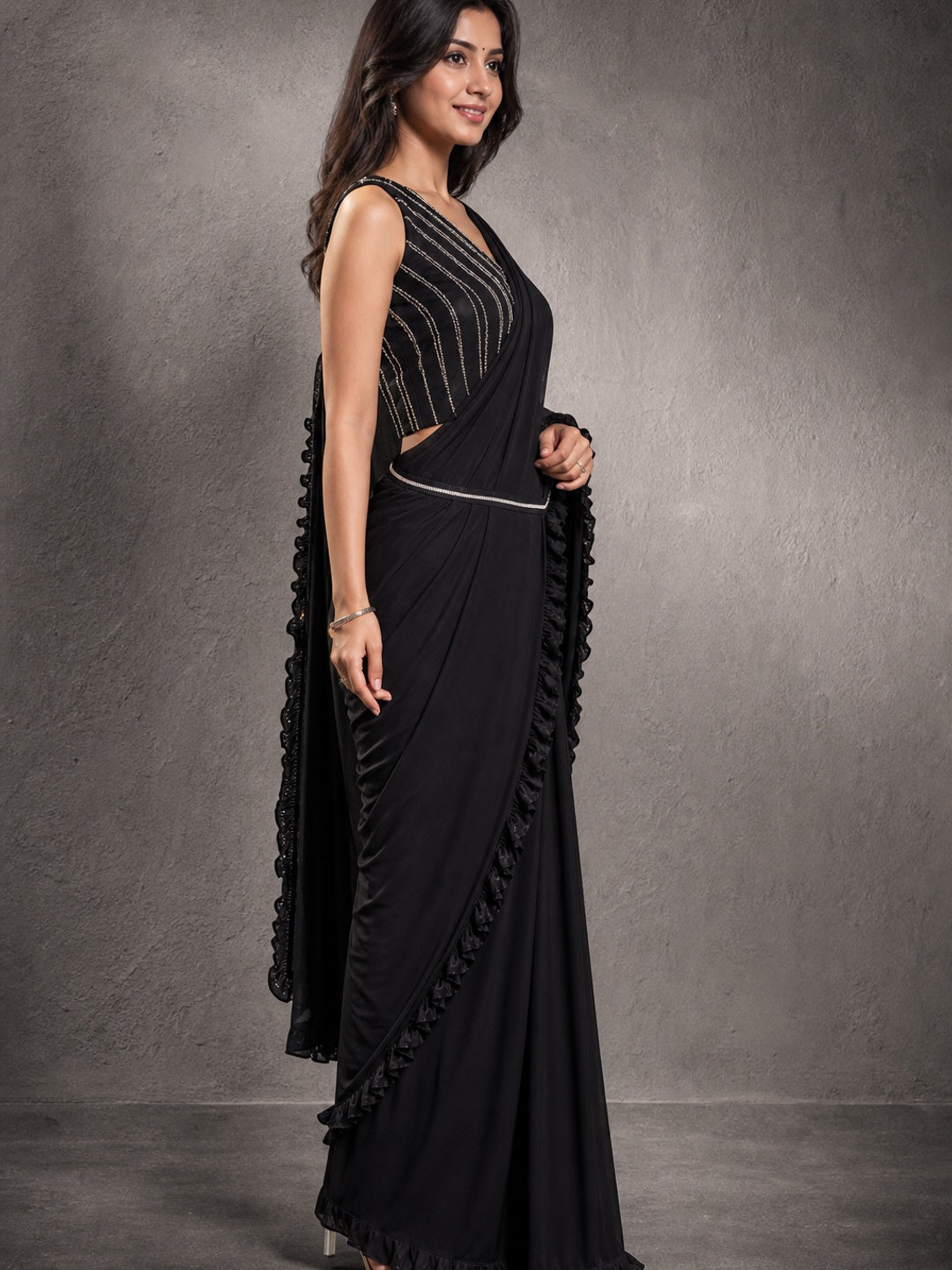 Gorgeous Black Ready-to-Wear Partywear Saree in Imported Lycra Fabric for Effortless Glam - Image 2