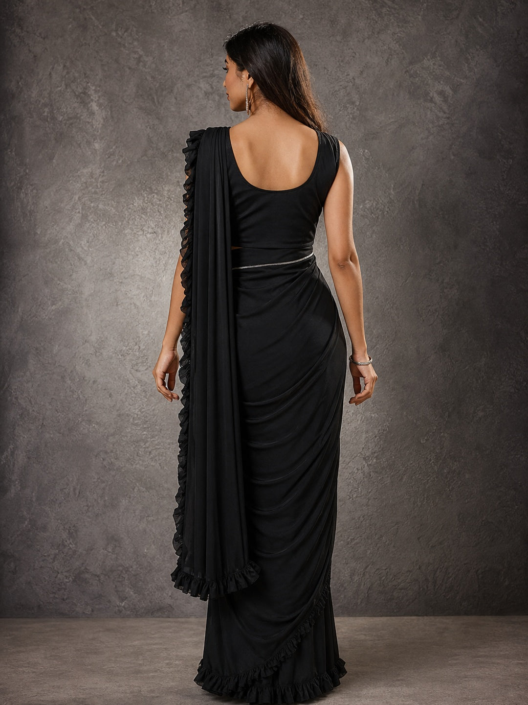 Gorgeous Black Ready-to-Wear Partywear Saree in Imported Lycra Fabric for Effortless Glam - Image 5