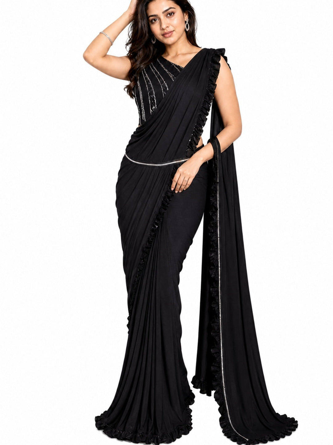 Gorgeous Black Ready-to-Wear Partywear Saree in Imported Lycra Fabric for Effortless Glam - Image 3