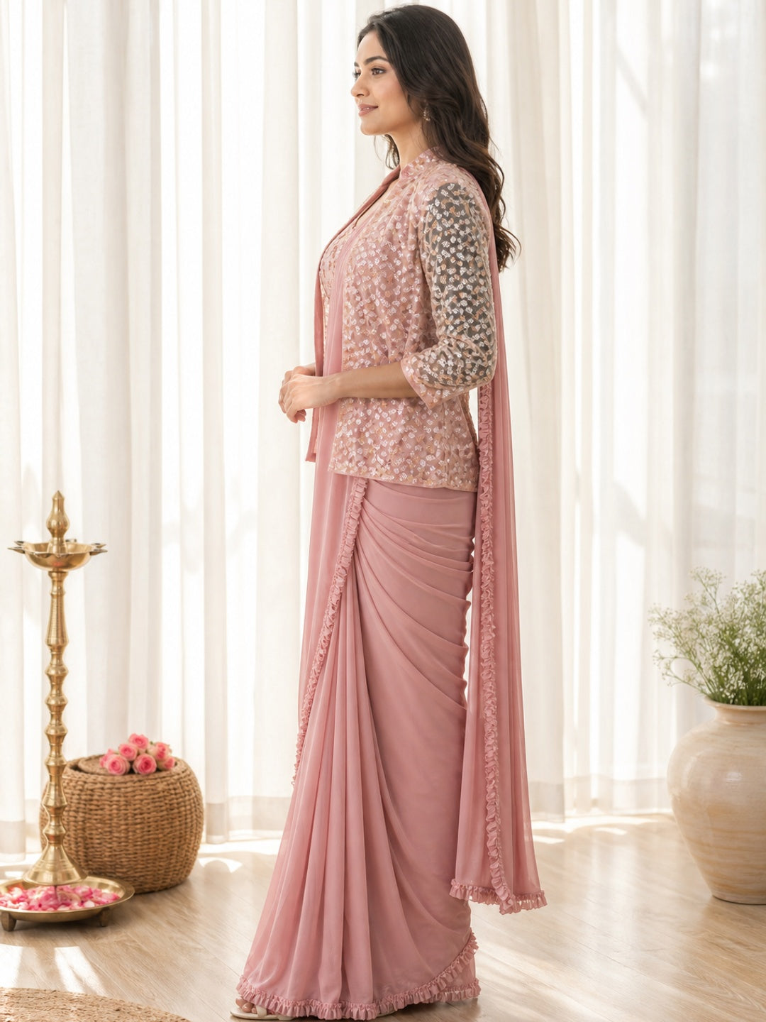 Contemporary Lycra Ruffled Stitched Saree in Peach with Shimmer Jacket - Image 4