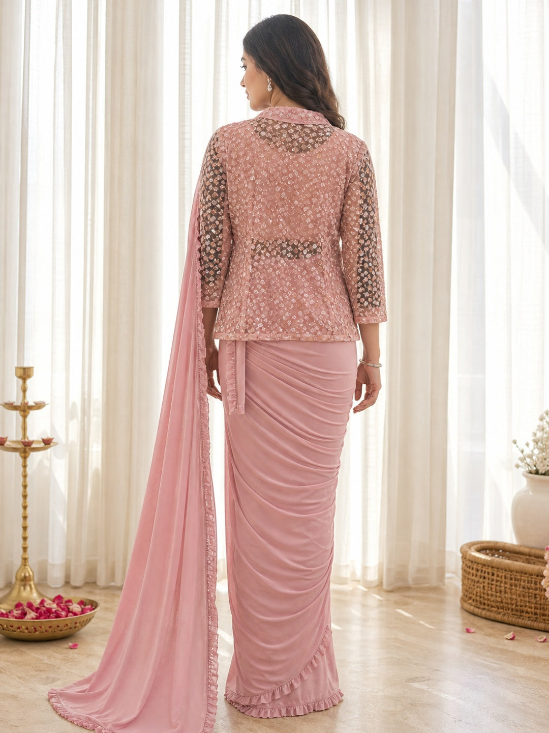 Contemporary Lycra Ruffled Stitched Saree in Peach with Shimmer Jacket - Image 5