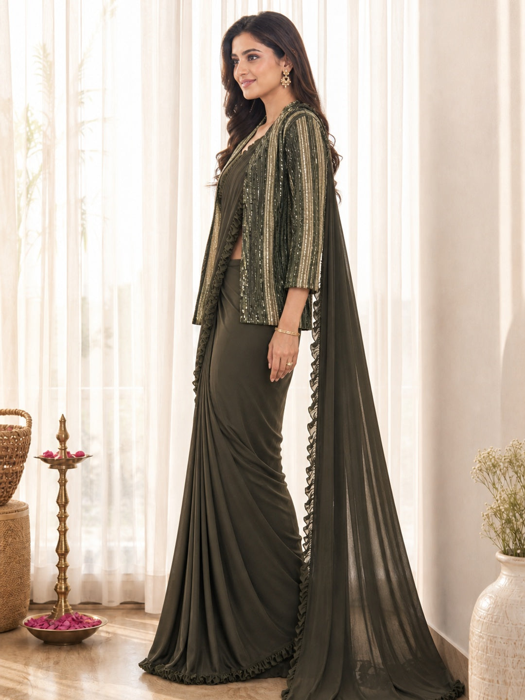 Mehendi Green Lycra Stitched Saree with Designer Sequin Jacket - Image 2