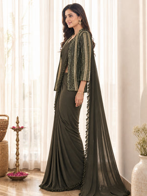 Mehendi Green Lycra Stitched Saree with Designer Sequin Jacket - Image 2