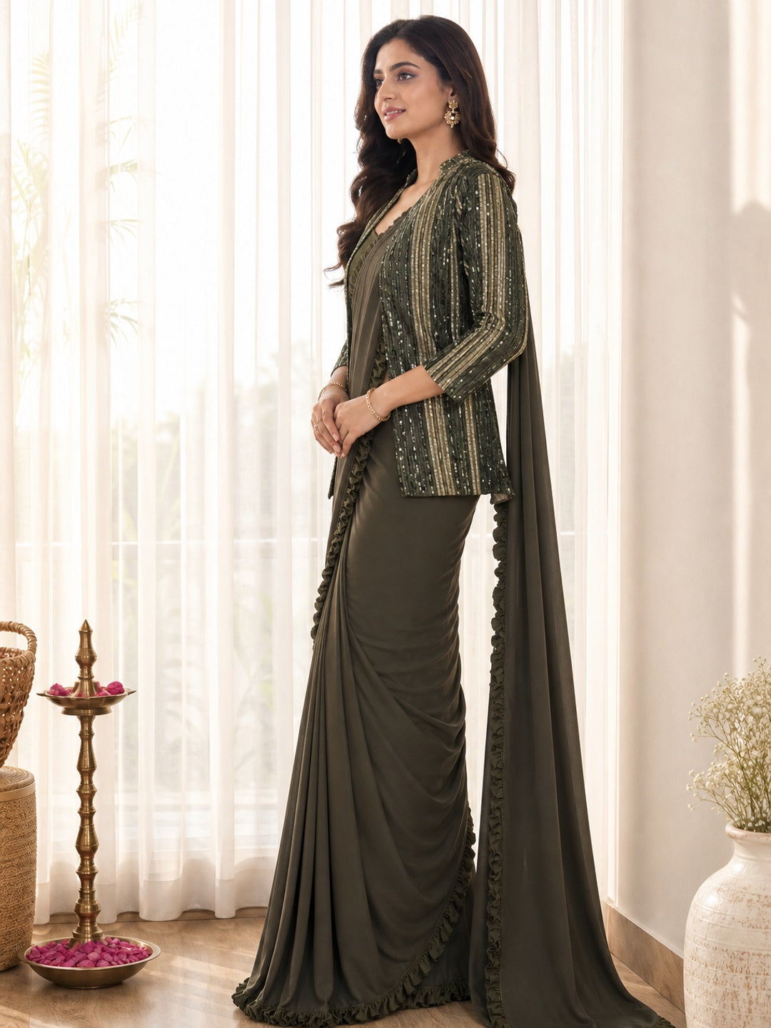 Mehendi Green Lycra Stitched Saree with Designer Sequin Jacket - Image 3